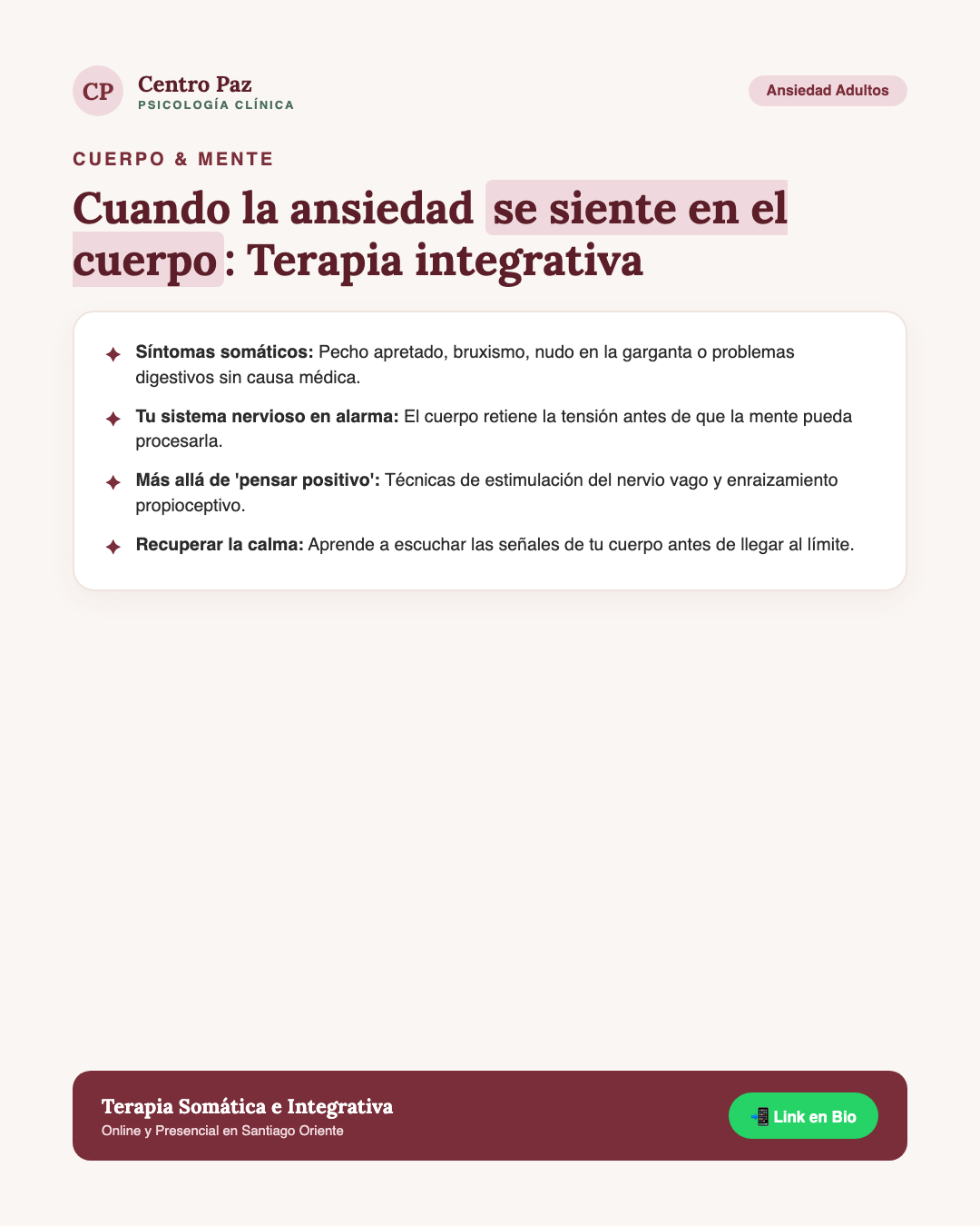 Cuando la ansiedad se siente en el cuerpo: Terapia integrativa