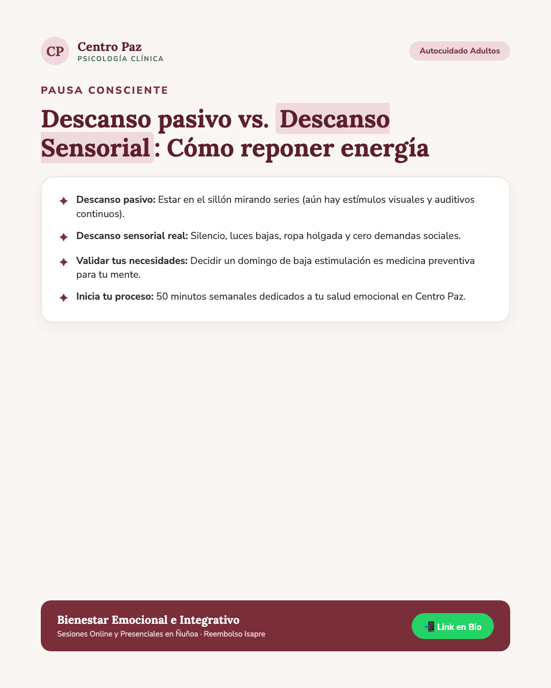 Descanso pasivo vs. Descanso Sensorial: Cómo reponer energía - Centro Paz Psicología Clínica